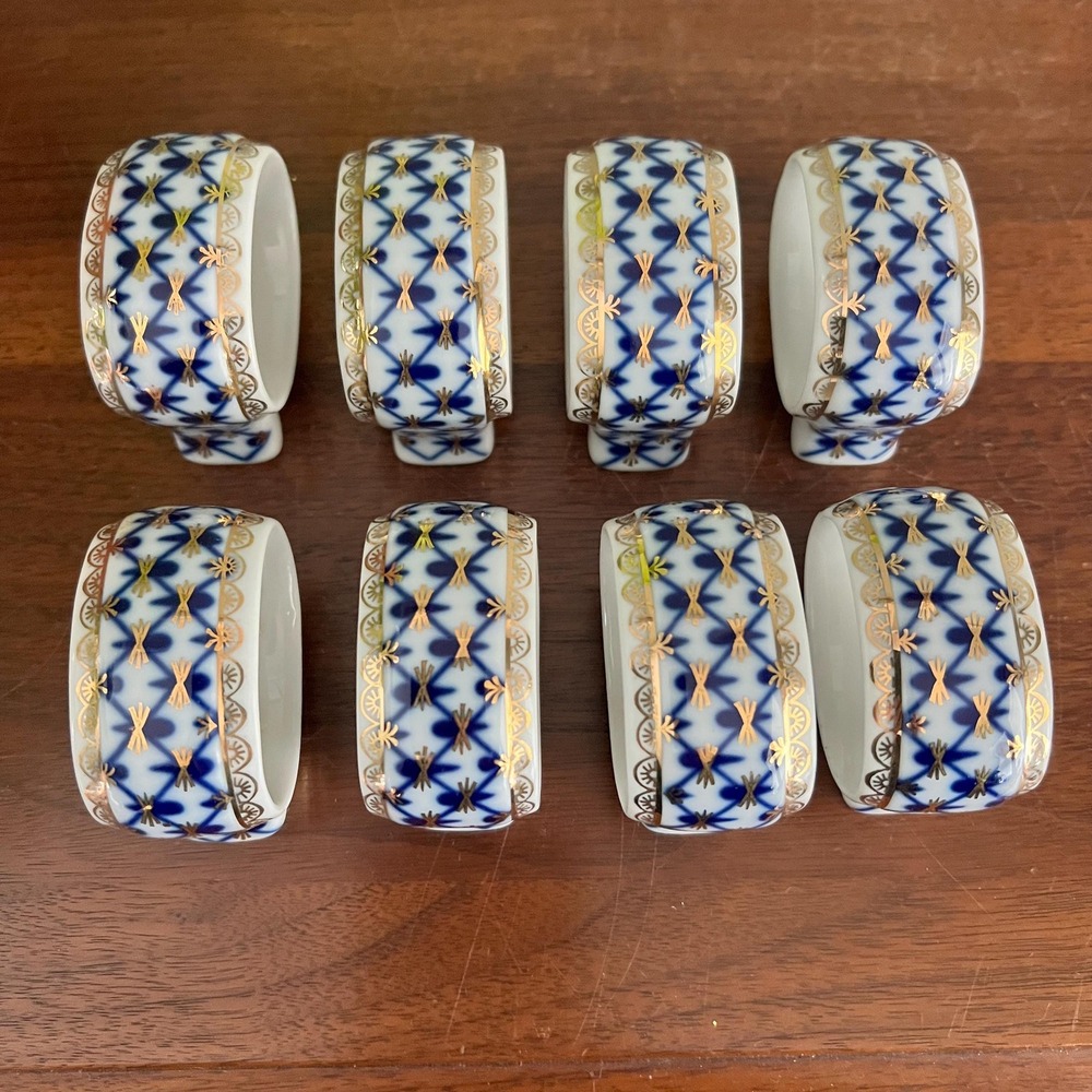 Vintage Lomonosov Russian Porcelain Napkin Rings Cobalt Net Set 8